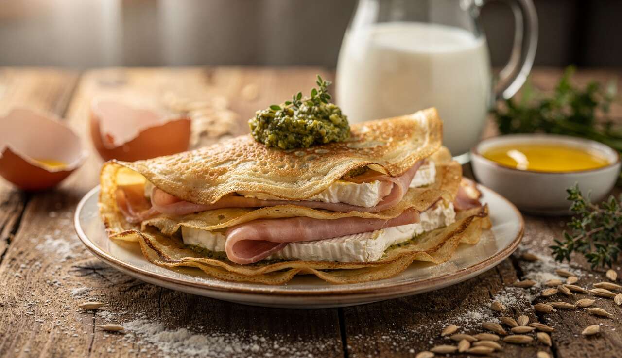 Crêpes salées au jambon, fromage de chèvre et pesto d'artichauts