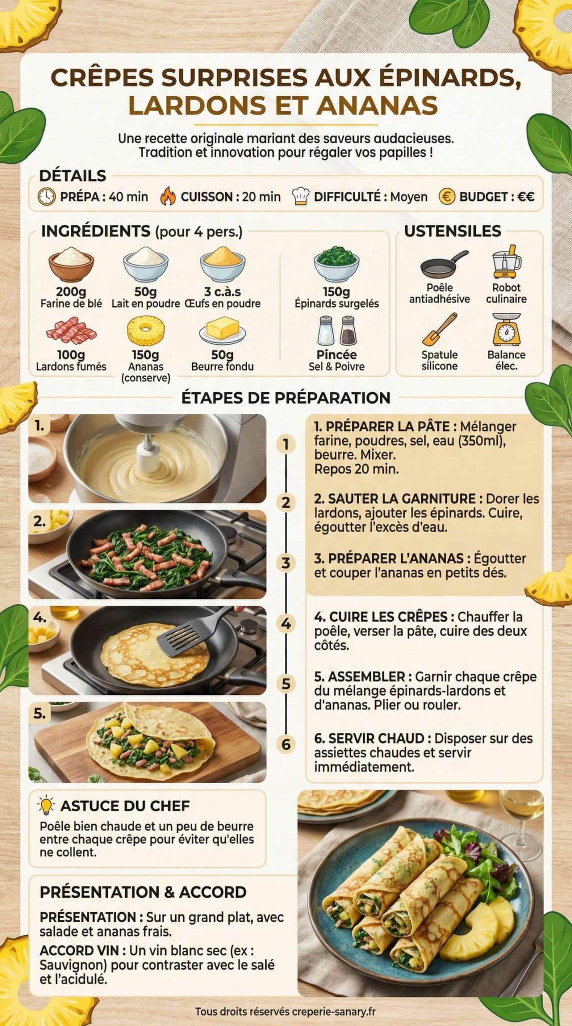 Fiche recette Cr&ecirc;pes surprises aux &eacute;pinards, lardons et ananas