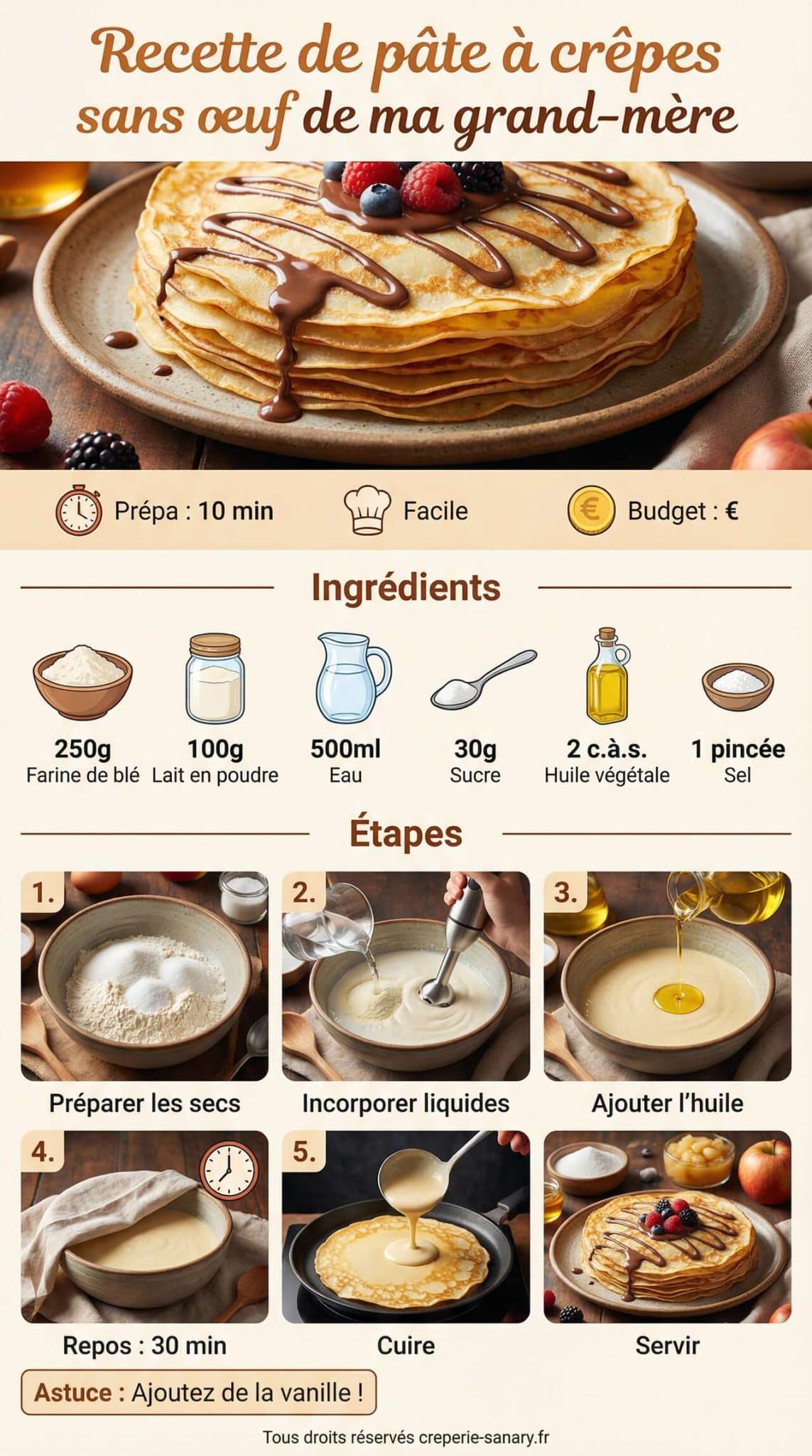 Fiche recette Recette de pâte à crêpes sans œuf de ma grand-mère Fiche recette Recette de pâte à crêpes sans œuf de ma grand-mère