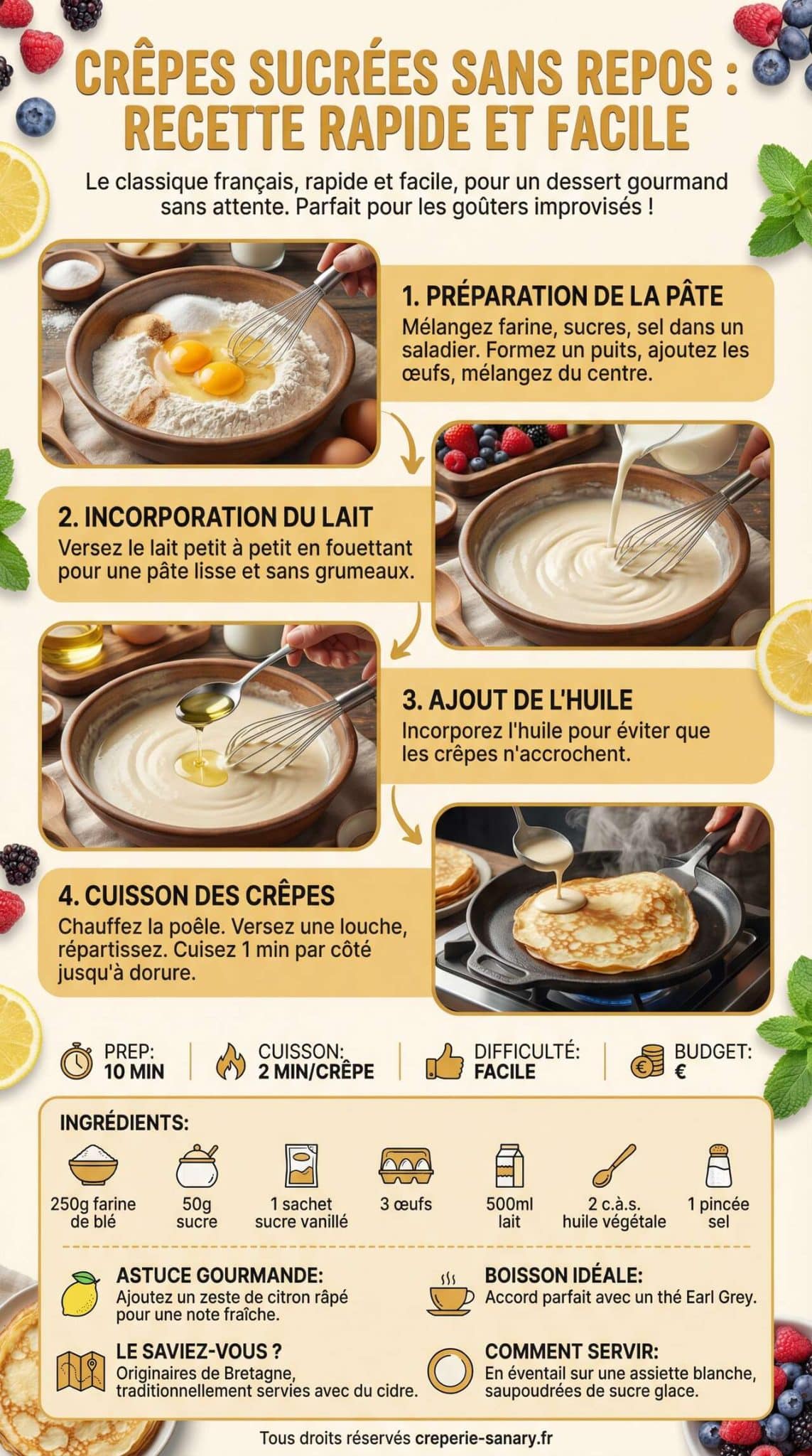 Fiche recette Crêpes sucrées sans repos : recette rapide et facile Fiche recette Crêpes sucrées sans repos : recette rapide et facile