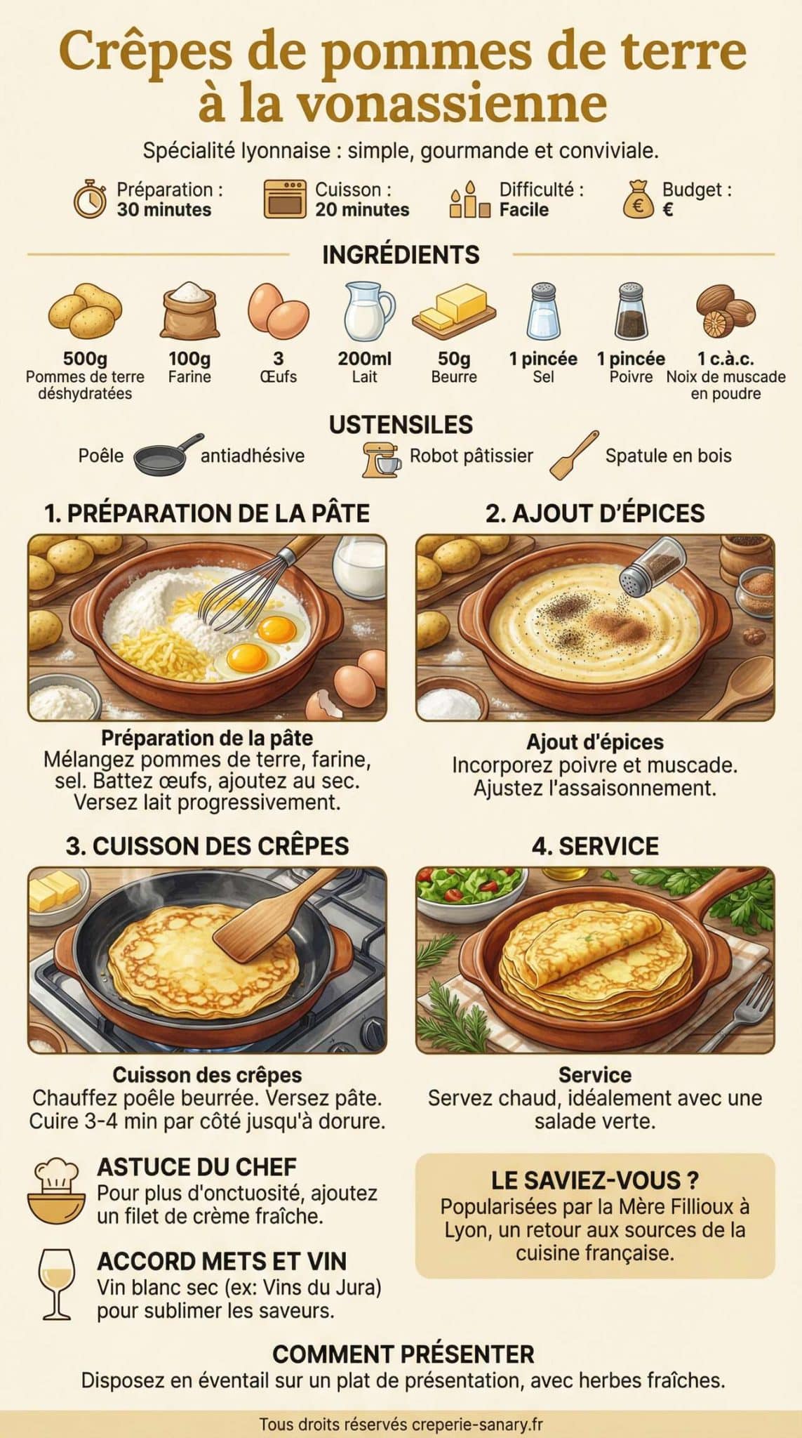Fiche recette Recette de crêpes de pommes de terre à la vonassienne Fiche recette Recette de crêpes de pommes de terre à la vonassienne