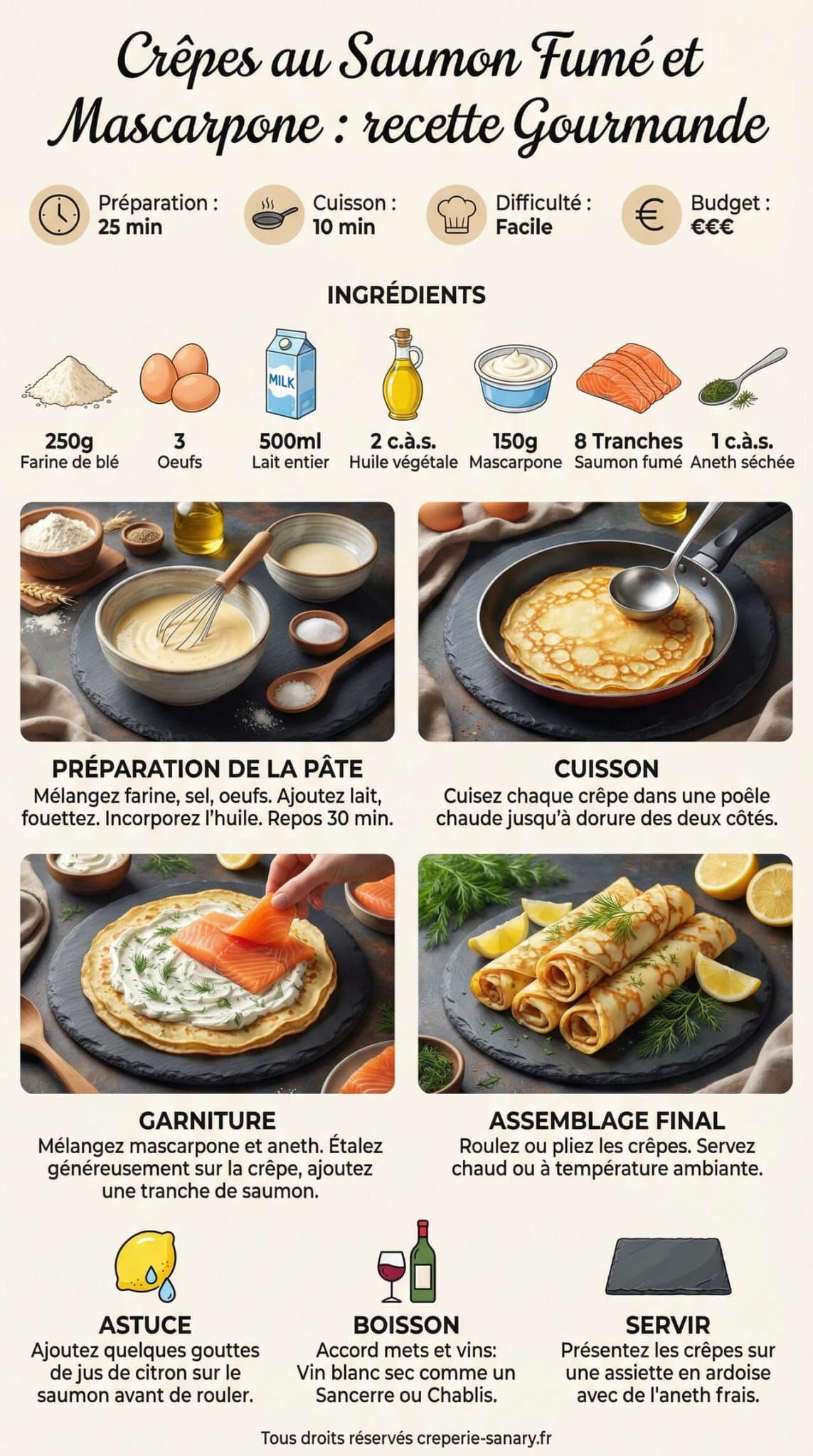 Fiche recette Cr&ecirc;pes au Saumon Fum&eacute; et Mascarpone : recette Gourmande