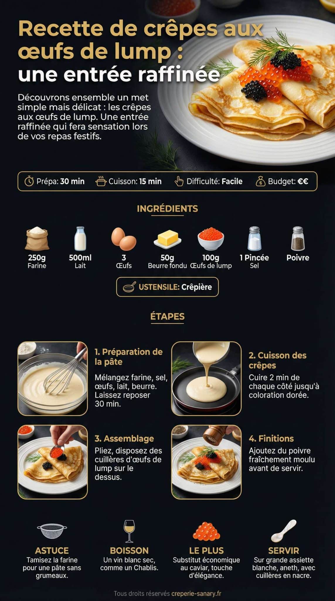 Fiche recette Recette de cr&ecirc;pes aux &oelig;ufs de lump : une entr&eacute;e raffin&eacute;e