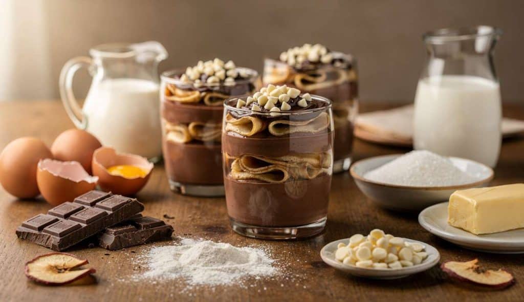 Verrines de mousse au chocolat, crêpes aux pommes et pépites de chocolat blanc