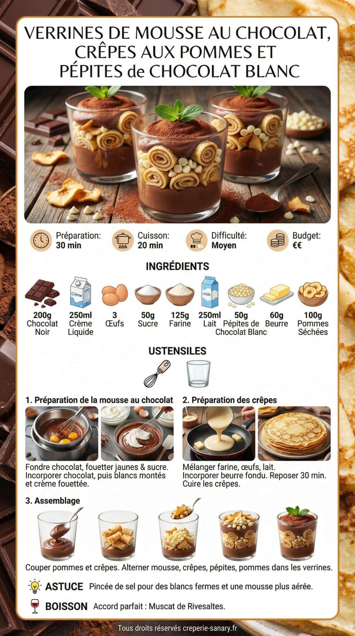 Fiche recette Verrines de mousse au chocolat, crêpes aux pommes et pépites de chocolat blanc Fiche recette Verrines de mousse au chocolat, crêpes aux pommes et pépites de chocolat blanc