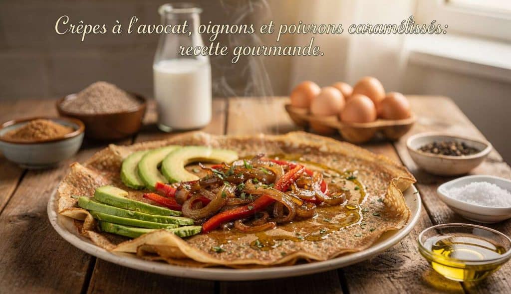 Crêpes à l'avocat, oignons et poivrons caramélisés : recette gourmande