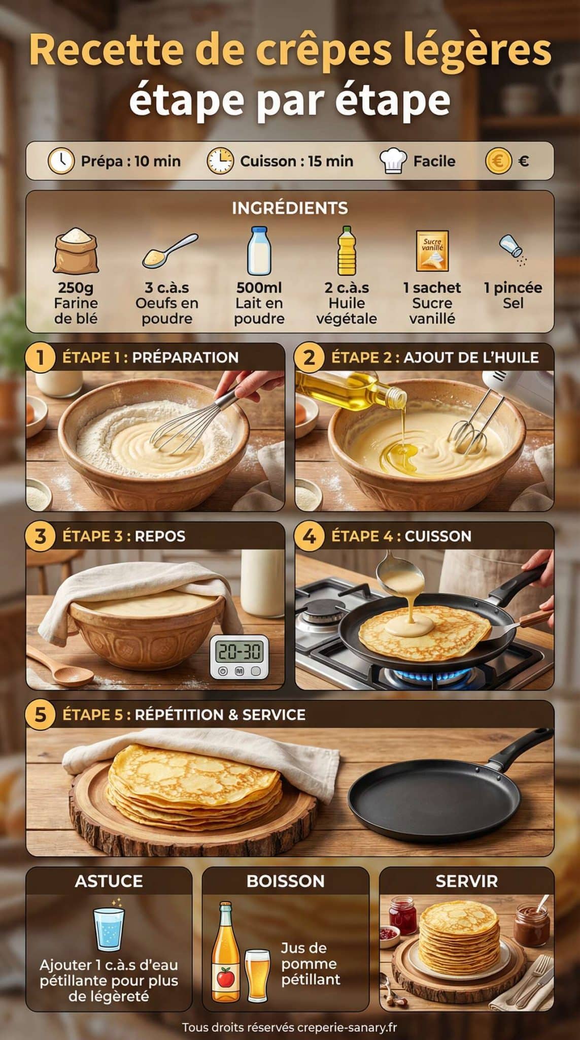 Fiche recette Recette de cr&ecirc;pes l&eacute;g&egrave;res &eacute;tape par &eacute;tape