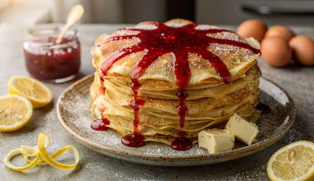 Gâteau de crêpes au citron : délice avec coulis de fraise