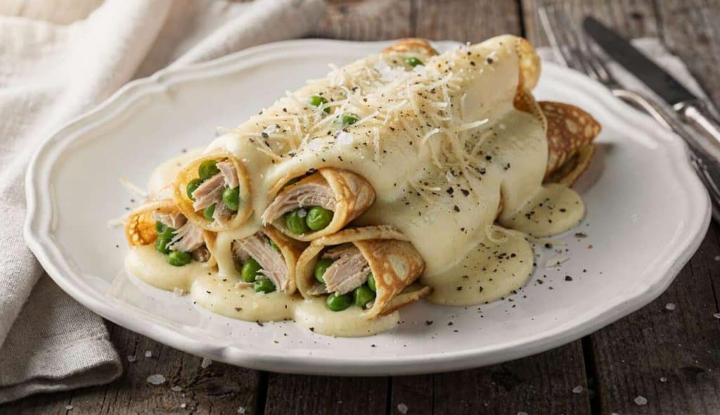 Crêpes au poulet et petits pois au four : recette savoureuse et facile
