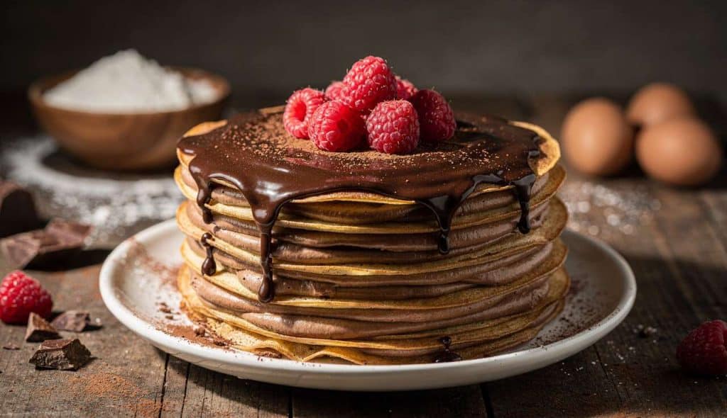 Gâteau aux crêpes, crème pâtissière chocolat et framboises