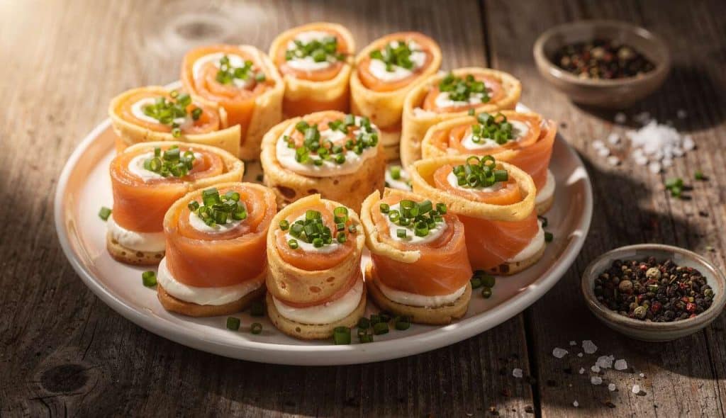 Roulés de crêpes au saumon fumé et fromage frais : recette gourmande