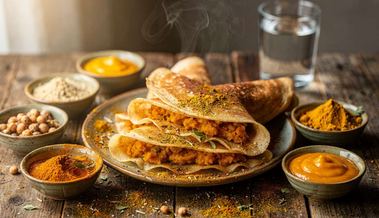 Masala Dosa Vegan : crêpes Indiennes Épicées, patate Douce et Chutney de Mangue