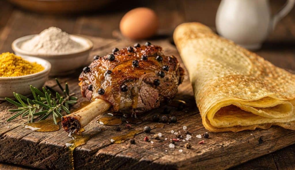 Gigot d'agneau mariné au genièvre et crêpe de maïs : recette savoureuse