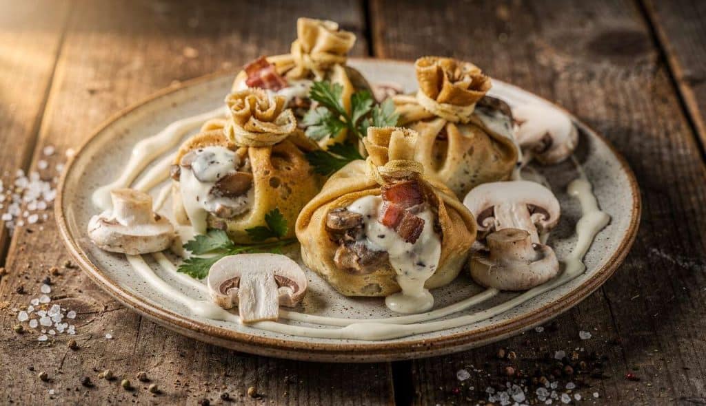 Baluchons de crêpes aux champignons, crème et bacon : recette savoureuse