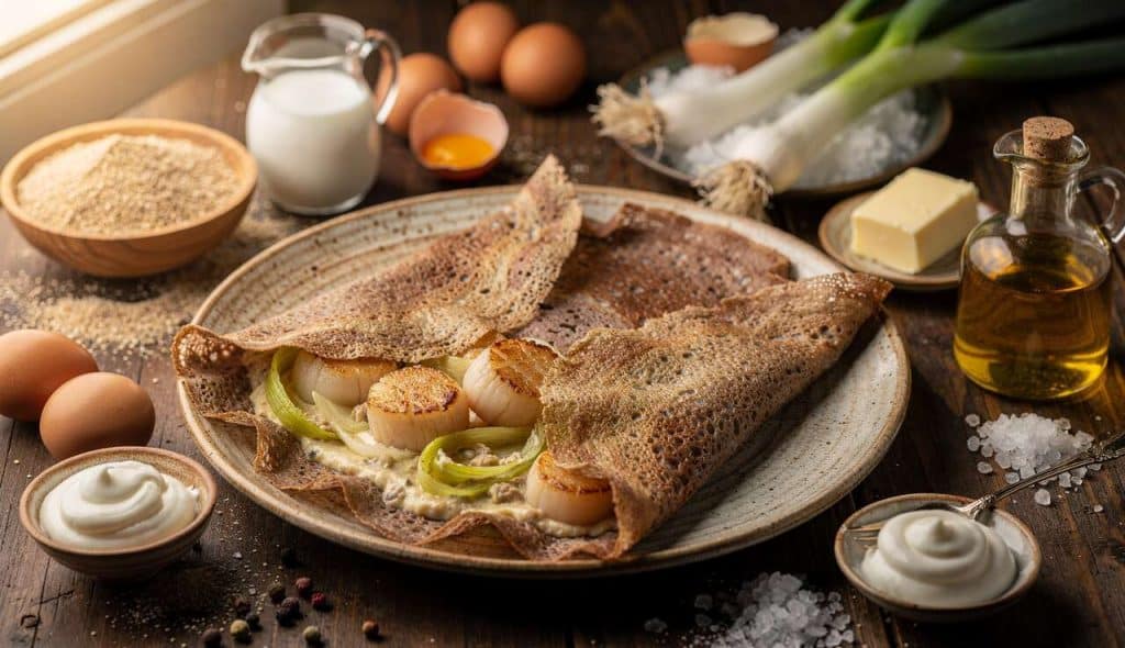 Crêpes au sarrasin, poireaux et noix de pétoncles : recette gourmande