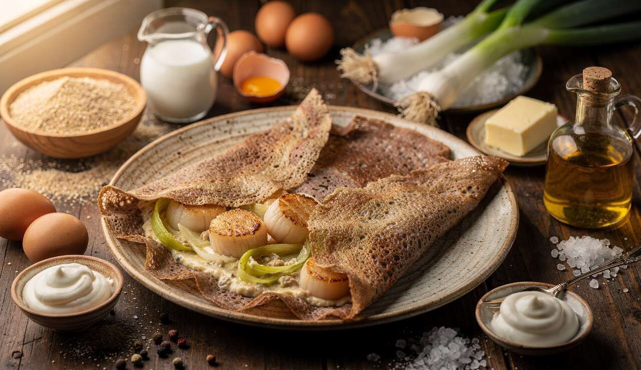 Crêpes au sarrasin, poireaux et noix de pétoncles : recette gourmande