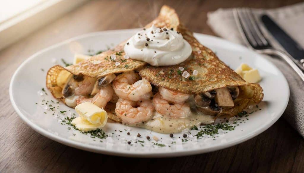 Crêpes aux crevettes et champignons : recette savoureuse