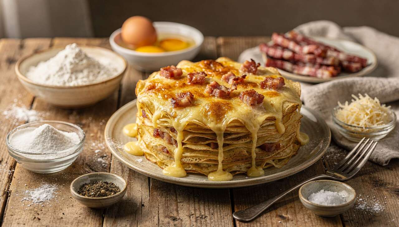 Gâteau de crêpes gratiné aux lardons et fromage