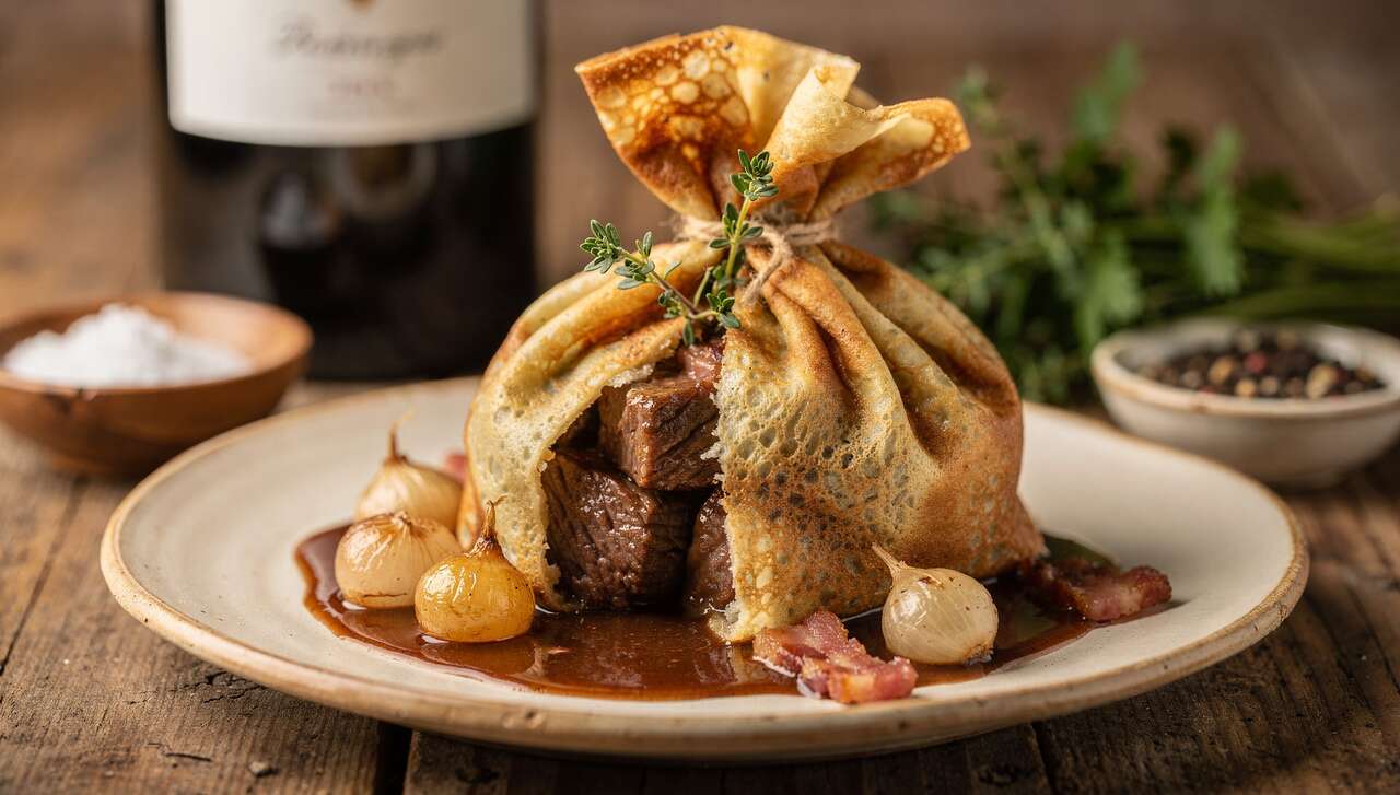 Bœuf bourguignon en aumônière de crêpe : recette savoureuse