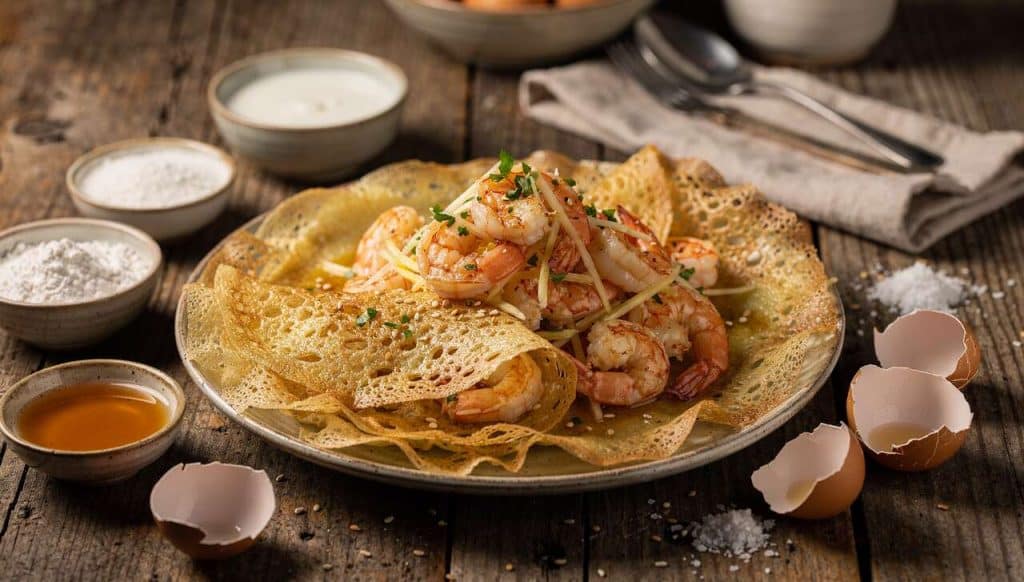 Crêpes au lait de coco, gambas et gingembre : recette exotique et savoureuse