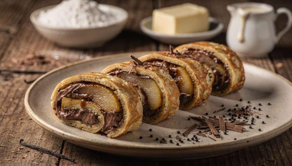 Crêpes fourrées à la mousse chocolat et poires caramélisées façon makis