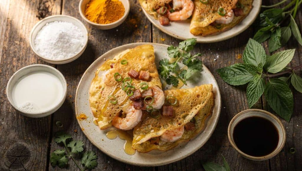 Crêpes vietnamiennes aux crevettes, pancetta et oignons verts sans gluten