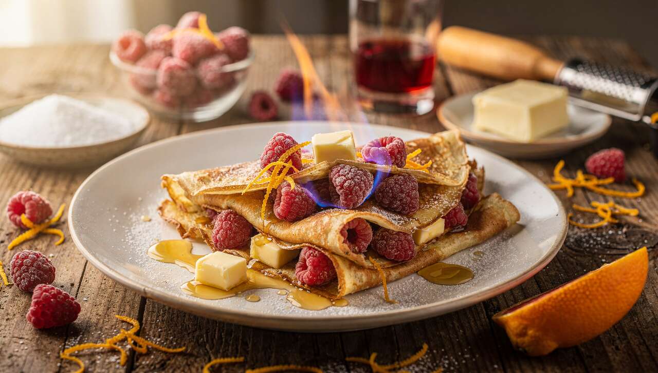 Crêpes flambées aux framboises : recette gourmande