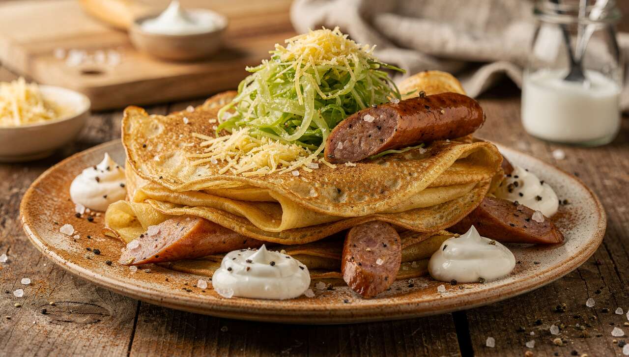 Crêpes aux saucisses, chou et fromage à la muscade : recette savoureuse
