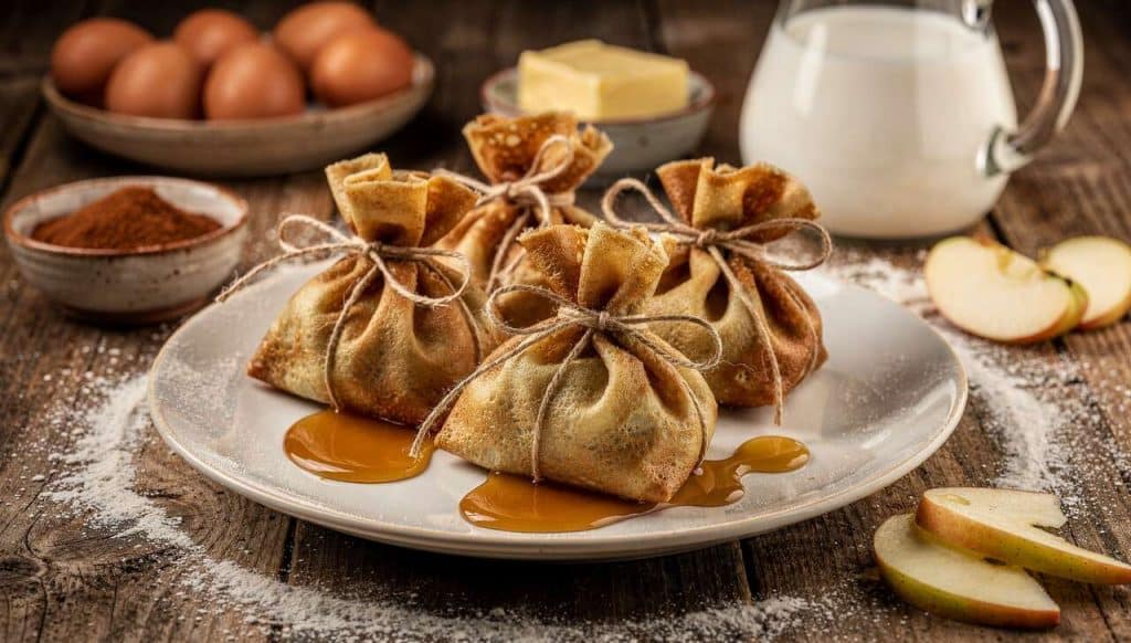 Crêpes aumônières à la pomme et caramel au beurre salé : recette gourmande