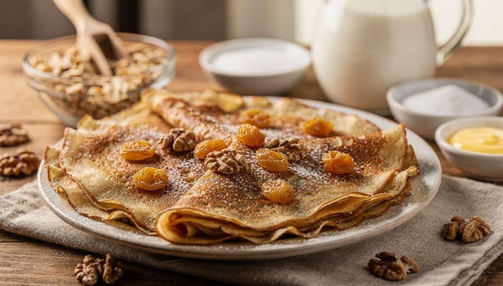 Crêpes aux raisins et noix parfumées au rhum : une recette gourmande
