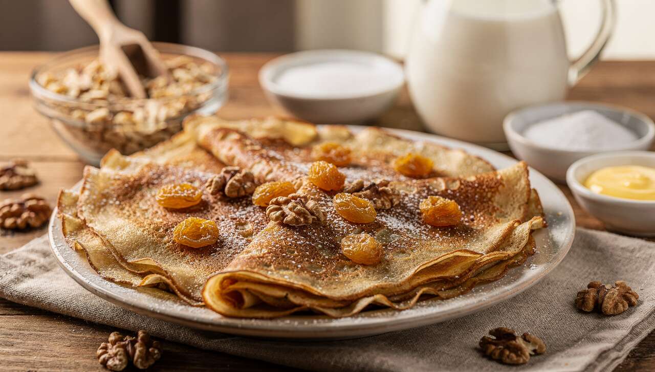 Crêpes aux raisins et noix parfumées au rhum : une recette gourmande