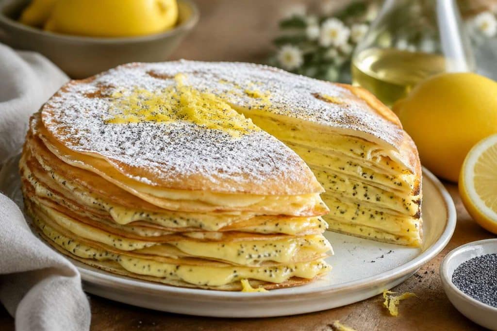 Gâteau de crêpes : crème de citron et graines de pavot