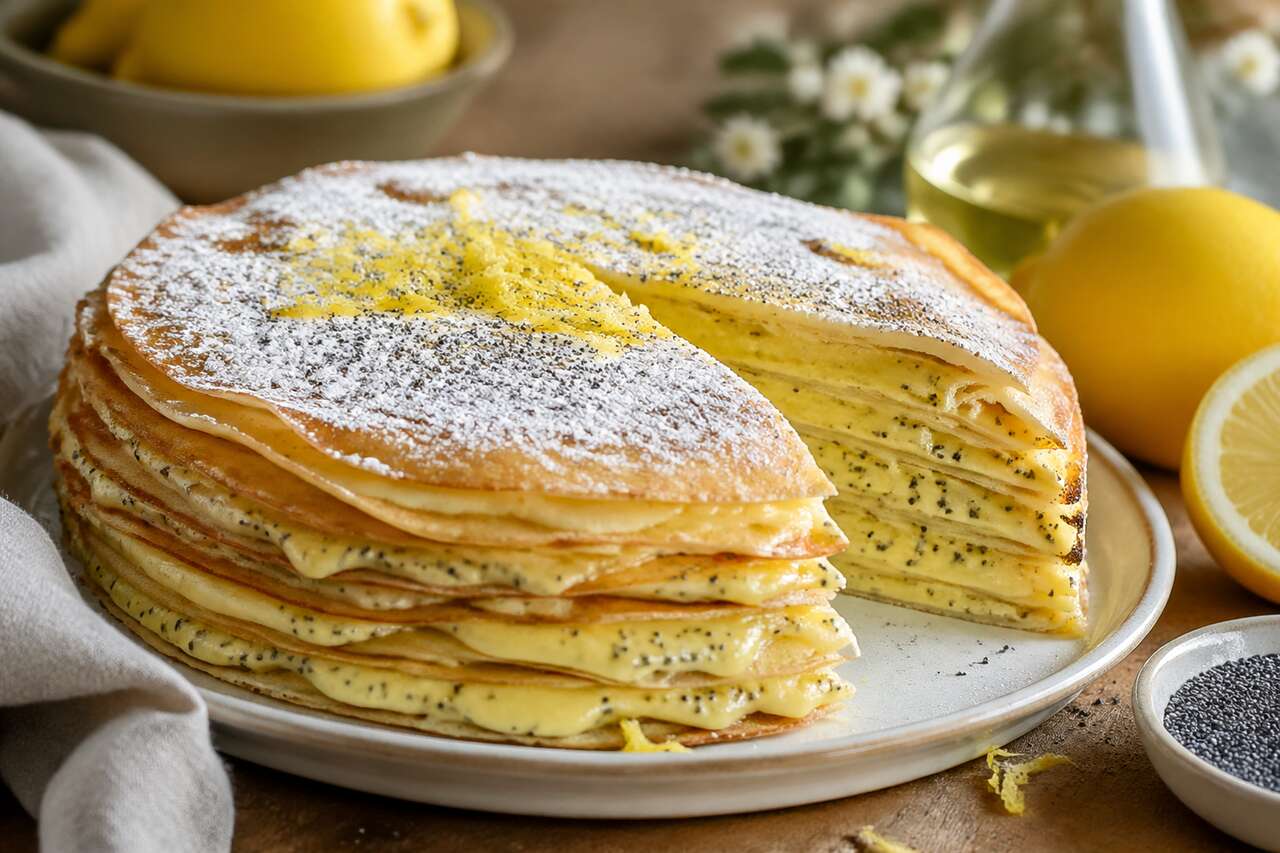 Gâteau de crêpes : crème de citron et graines de pavot