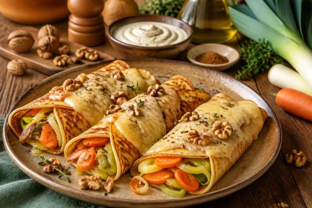 Crêpes aux poireaux, carottes et noix : recette gourmande