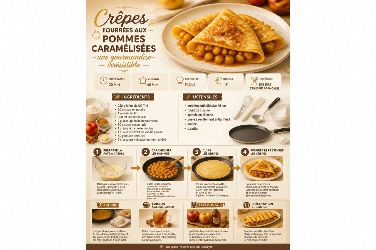 Fiche recette Cr&ecirc;pes fourr&eacute;es aux pommes caram&eacute;lis&eacute;es : une gourmandise irr&eacute;sistible