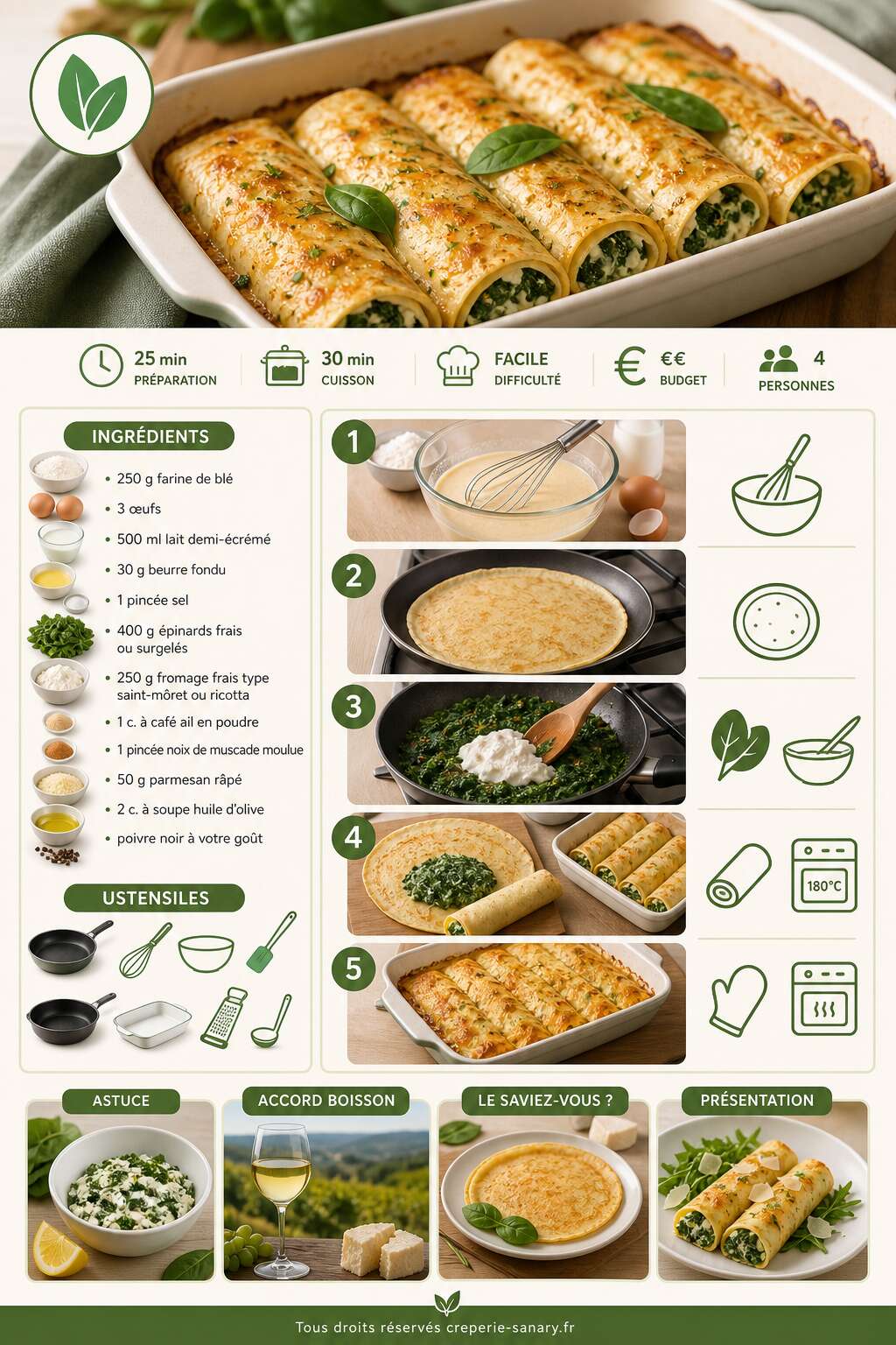 Fiche recette Cr&ecirc;pes farcies au fromage frais et &eacute;pinards : recette savoureuse