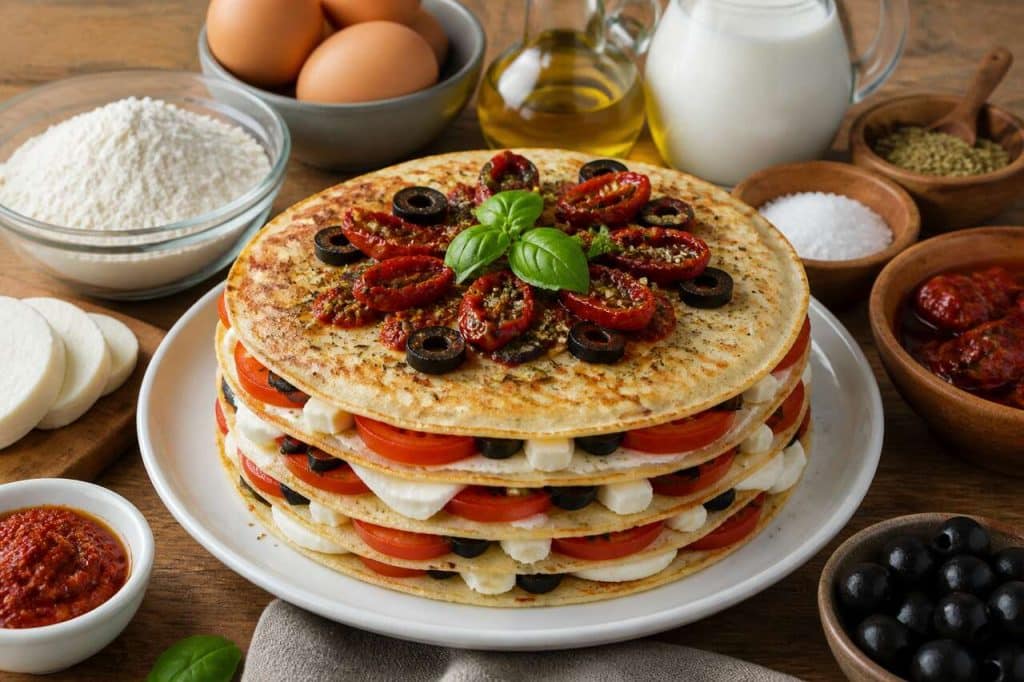 Millefeuilles de crêpes : tomates, mozzarella et olives