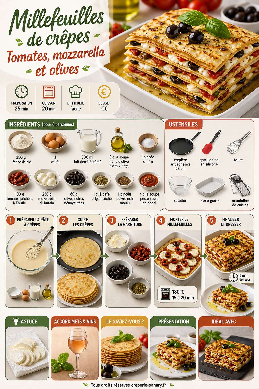 Fiche recette Millefeuilles de cr&ecirc;pes : tomates, mozzarella et olives