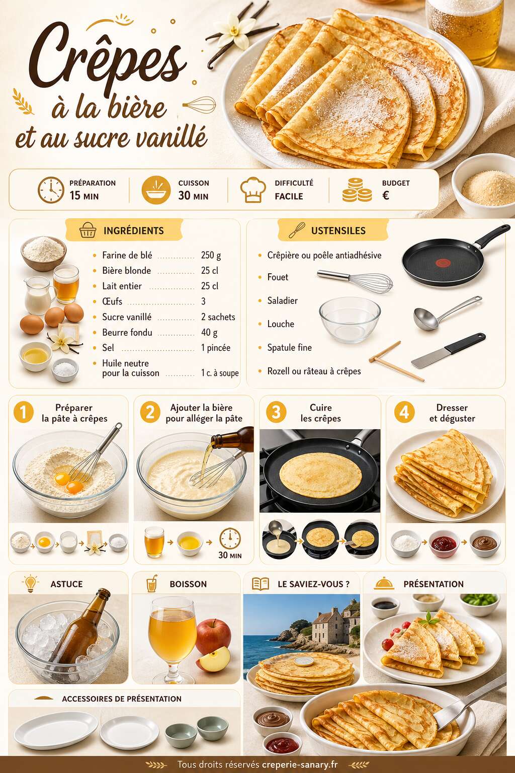 Fiche recette Crêpes à la bière et au sucre vanillé : une recette gourmande Fiche recette Crêpes à la bière et au sucre vanillé : une recette gourmande