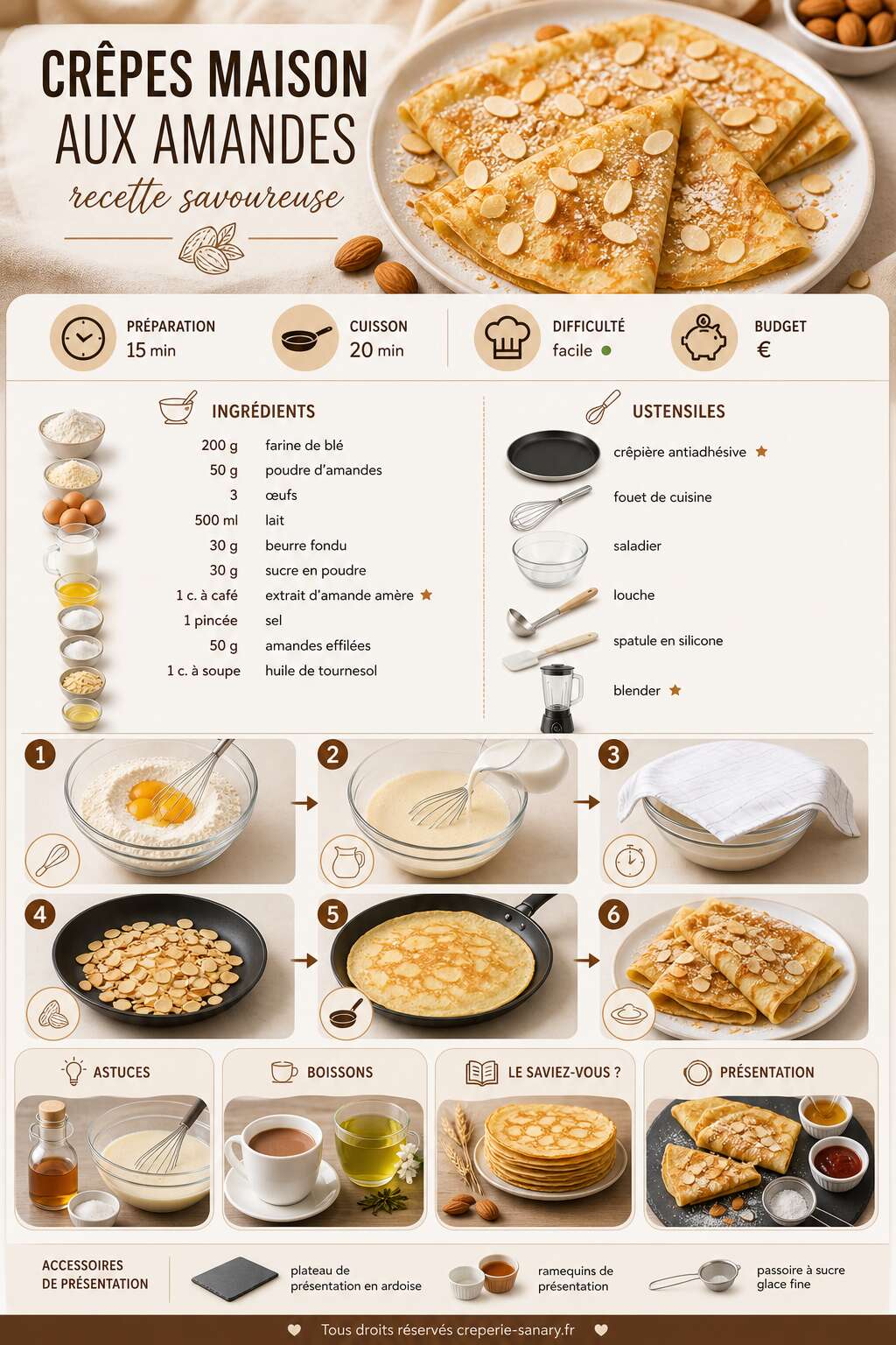 Fiche recette Cr&ecirc;pes maison aux amandes : recette savoureuse