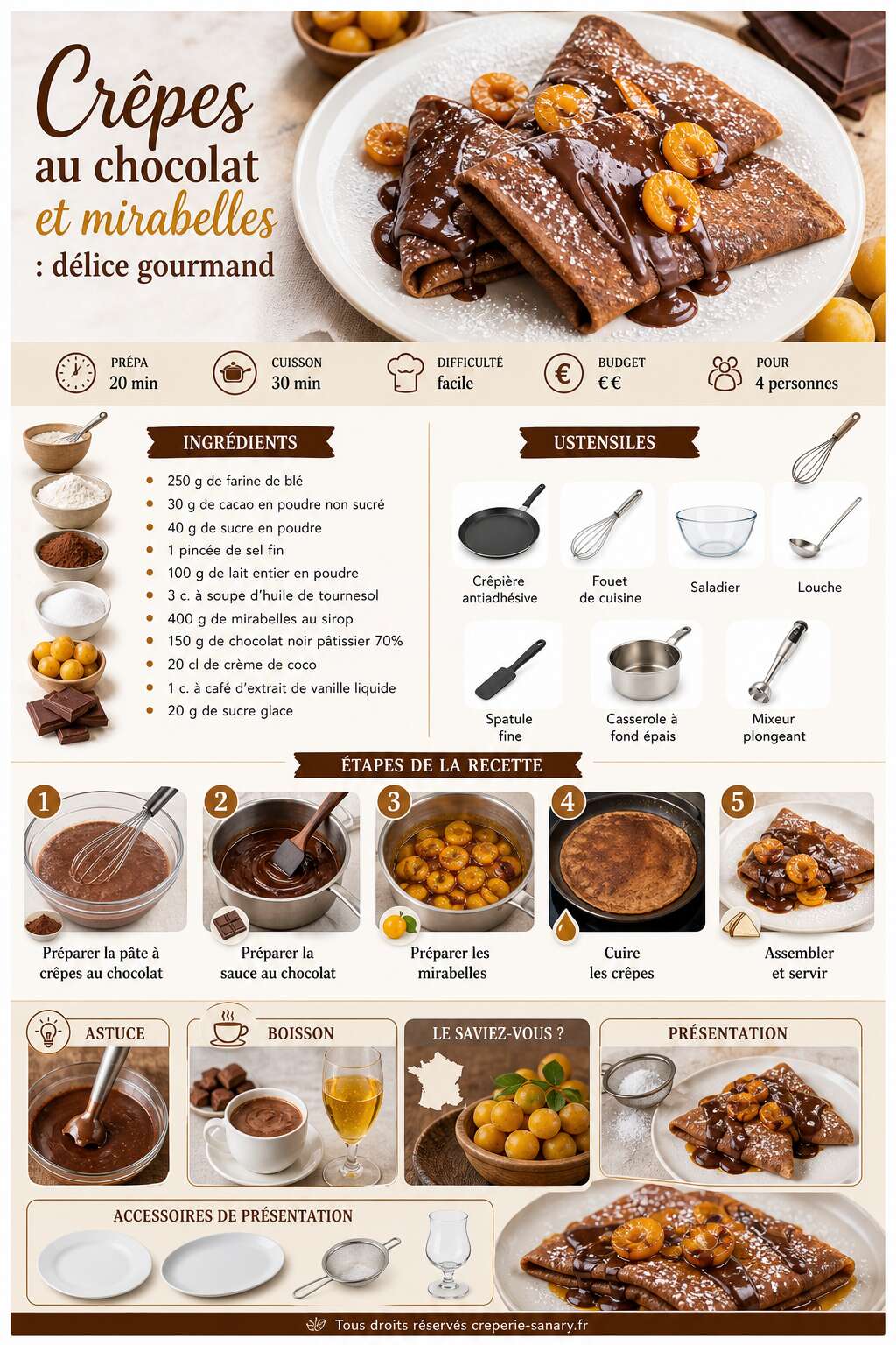 Fiche recette Cr&ecirc;pes au chocolat et mirabelles : d&eacute;lice gourmand