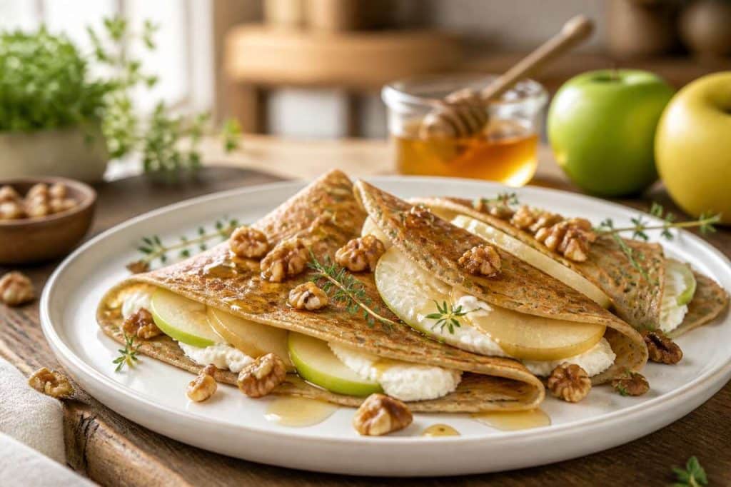 Crêpes de sarrasin au chèvre frais et aux deux pommes : recette gourmande