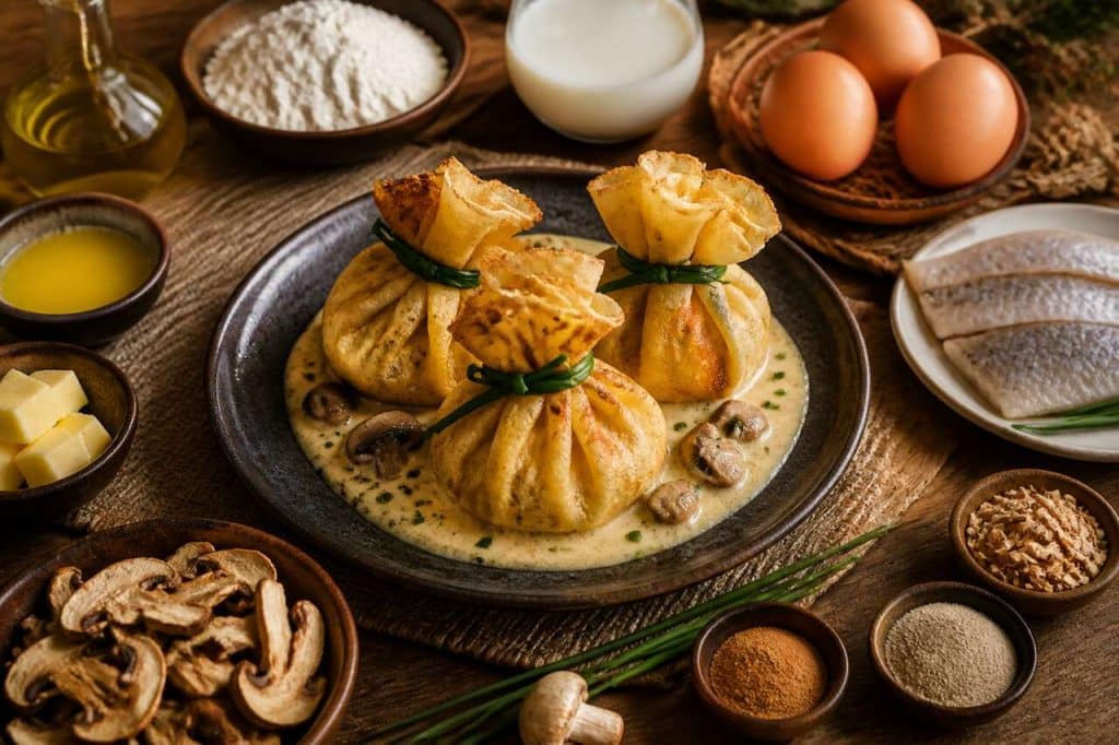 Aumônières de crêpes : savoureuse dorade aux champignons et béchamel