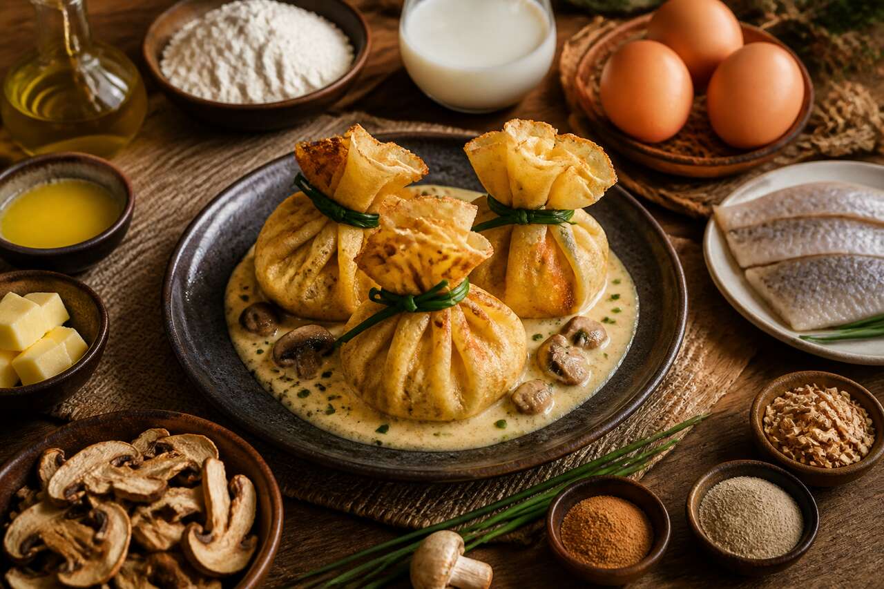 Aumônières de crêpes : savoureuse dorade aux champignons et béchamel