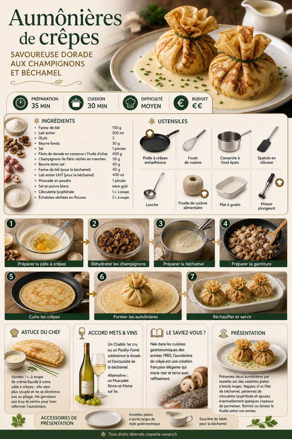 Fiche recette Aum&ocirc;ni&egrave;res de cr&ecirc;pes : savoureuse dorade aux champignons et b&eacute;chamel