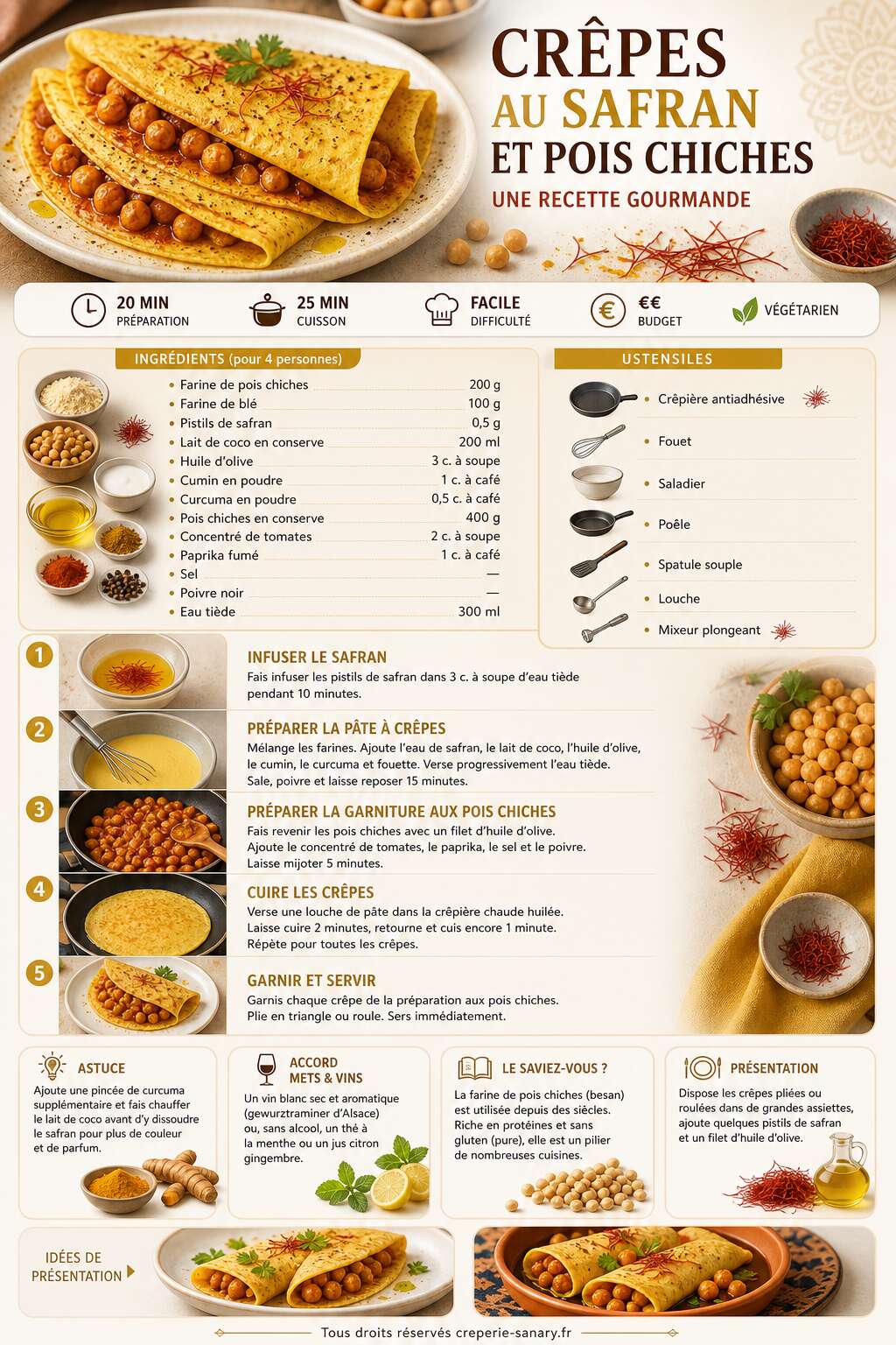 Fiche recette Cr&ecirc;pes au safran et pois chiches : une recette gourmande