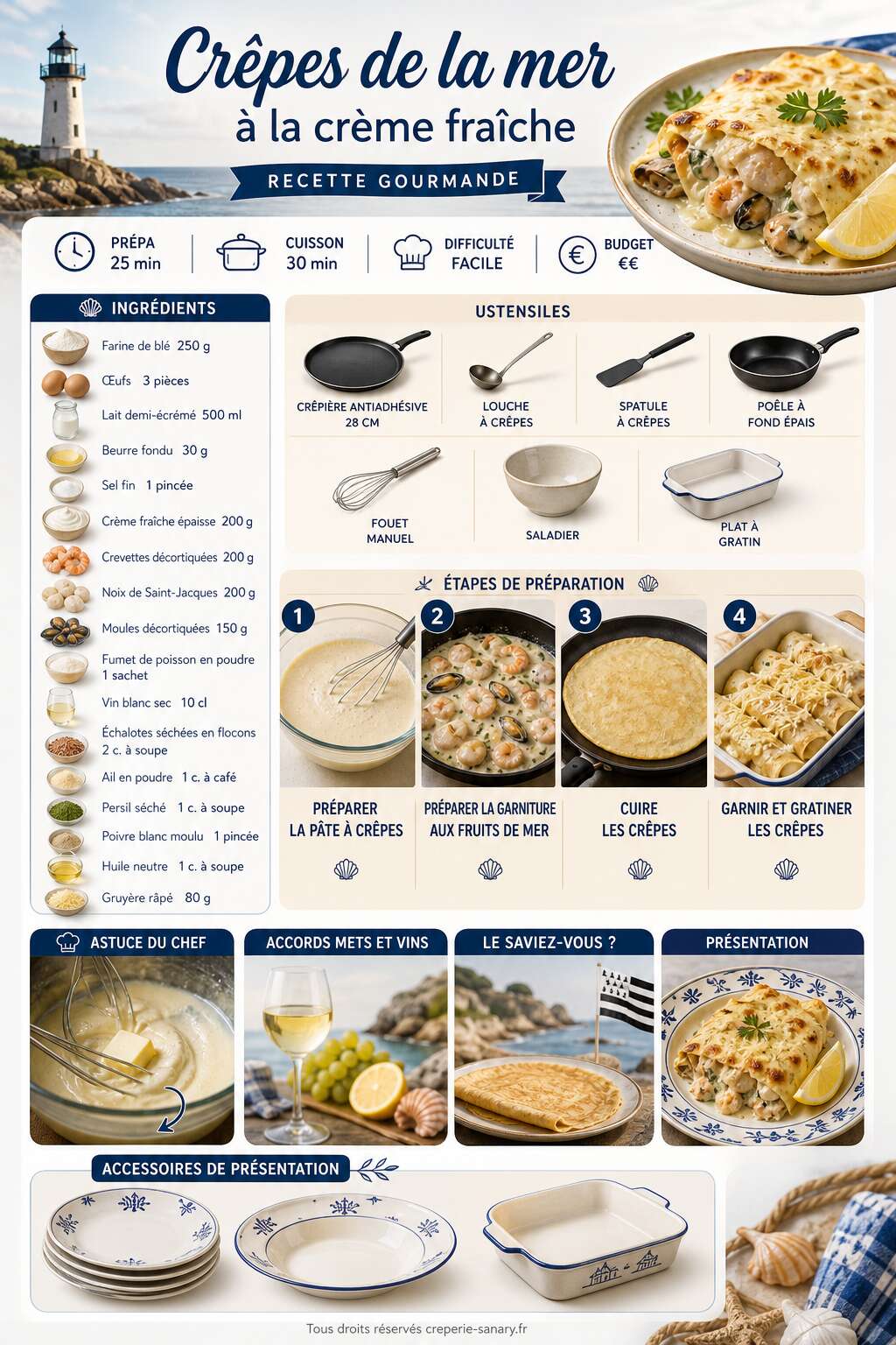 Fiche recette Crêpes de la mer à la crème fraîche : recette gourmande Fiche recette Crêpes de la mer à la crème fraîche : recette gourmande