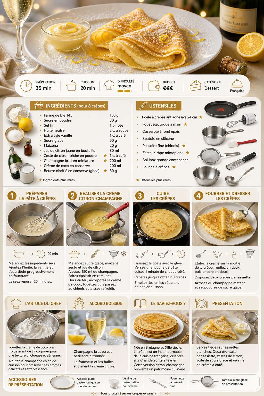 Fiche recette Crêpes fourrées à la crème citron et champagne : une recette raffinée Fiche recette Crêpes fourrées à la crème citron et champagne : une recette raffinée