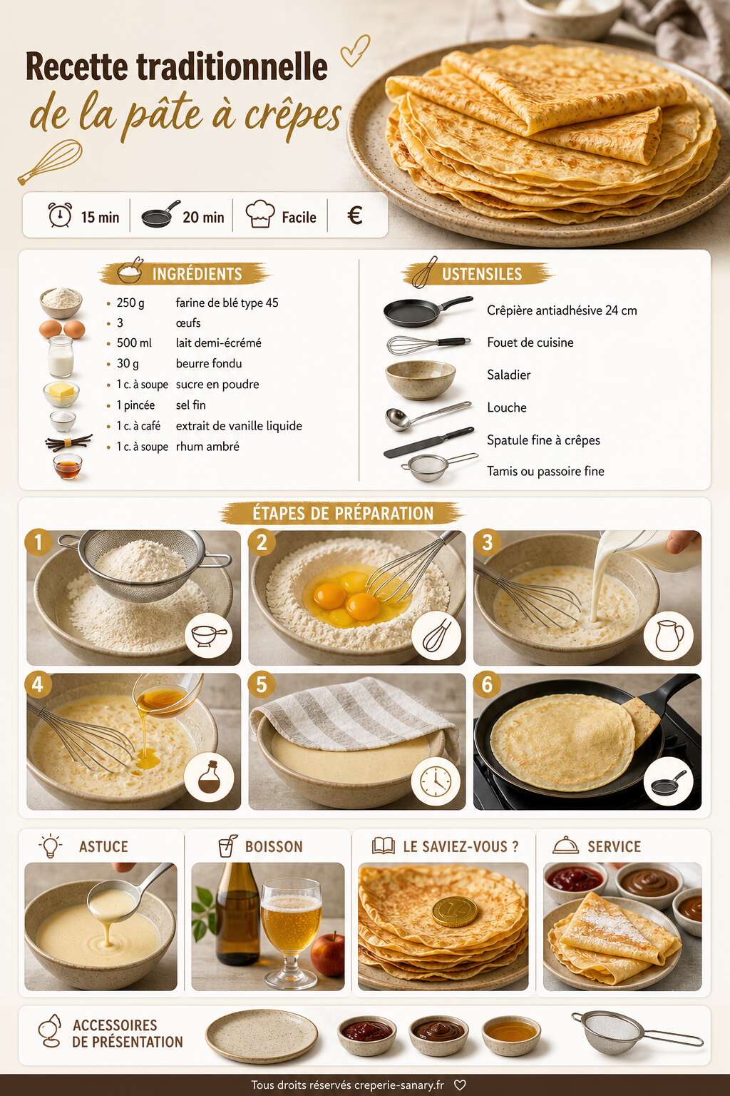 Fiche recette Recette traditionnelle de la pâte à crêpes Fiche recette Recette traditionnelle de la pâte à crêpes