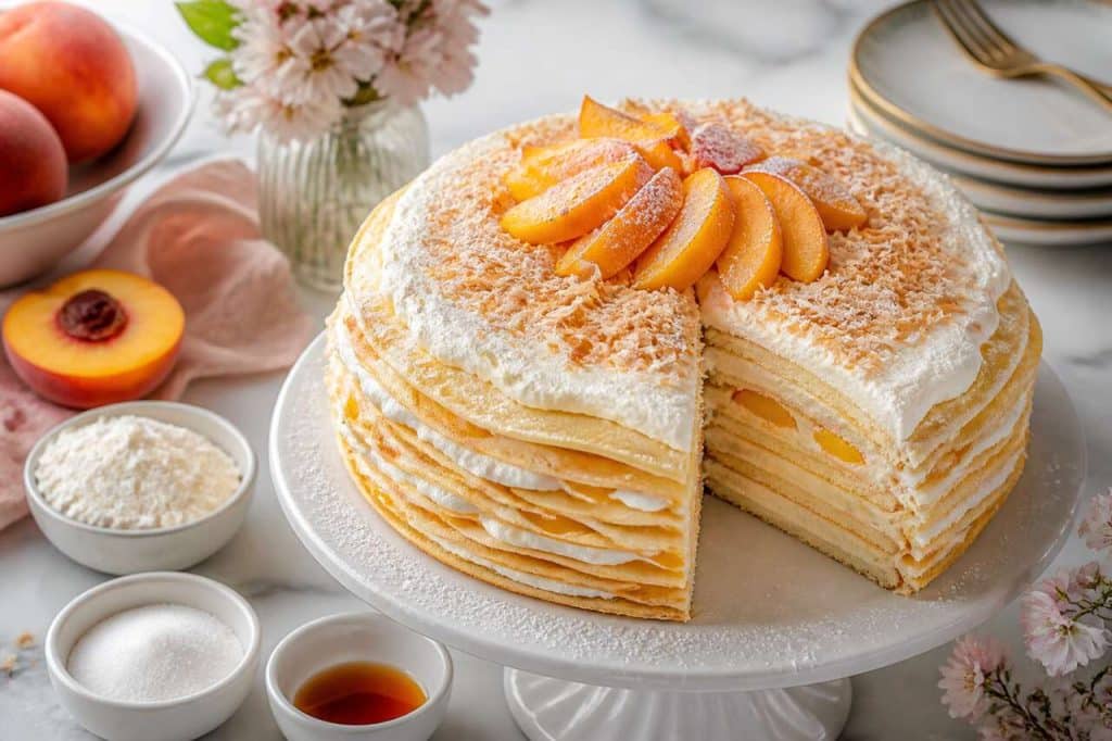 Gâteau de crêpes aux pêches, chantilly et noix de coco : recette gourmande